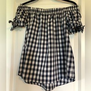 Off the Shoulder Short Sleeve Top with ties, Navy Blue Buffalo Plaid, Medium